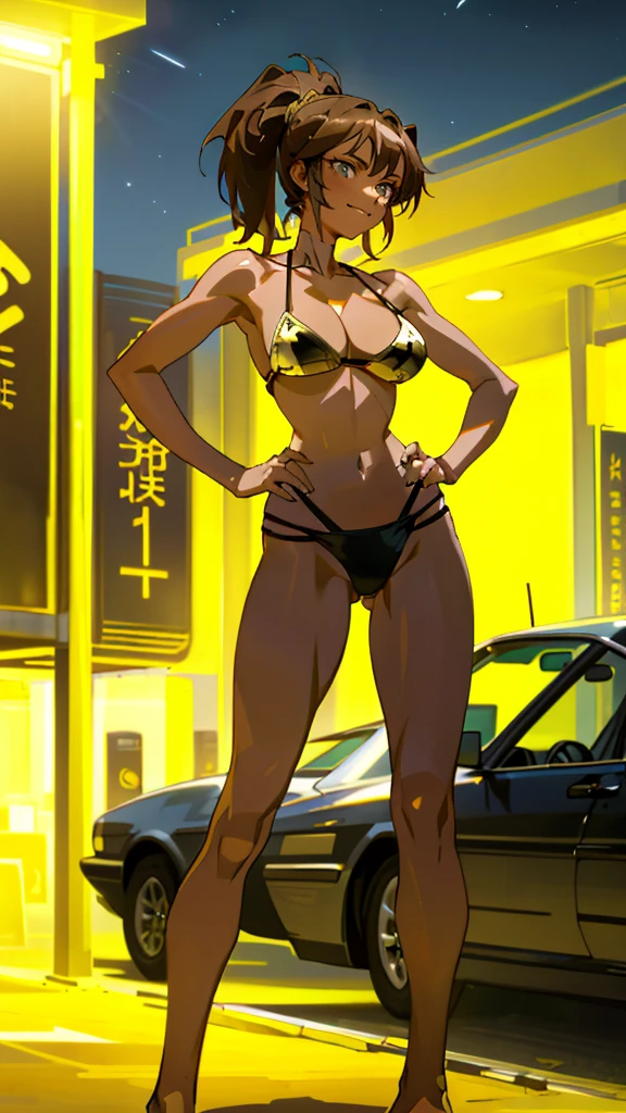 Masterpiece, best quality, Masterpiece, best quality, 1 woman, brown hair ponytail , sly face , smile , gold bikini , abdomen, big breasts , Long legs , Barefoot , hands on hips , parking lot , nighttime