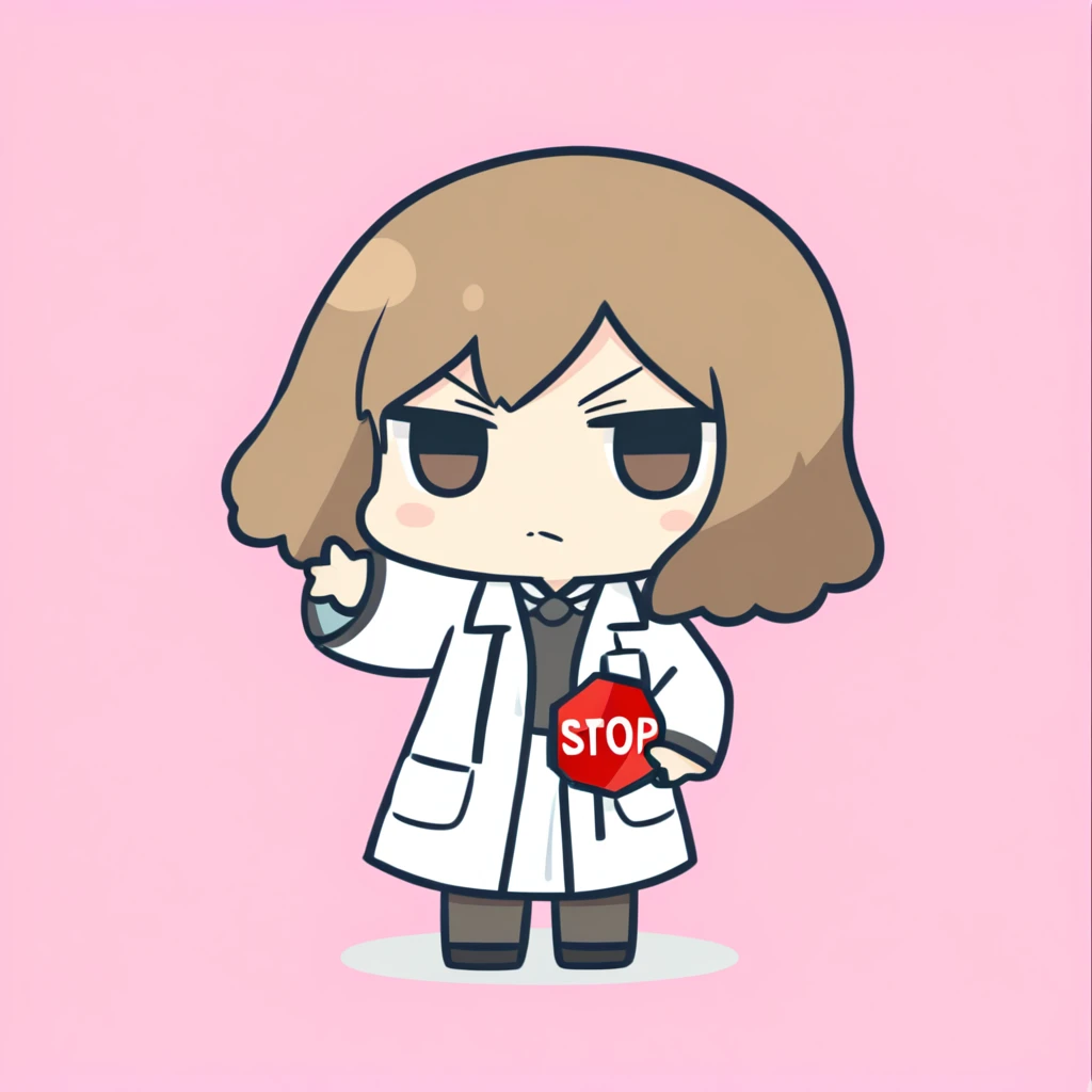 cute, chibi, doctor girl, holding a stop sign, serious