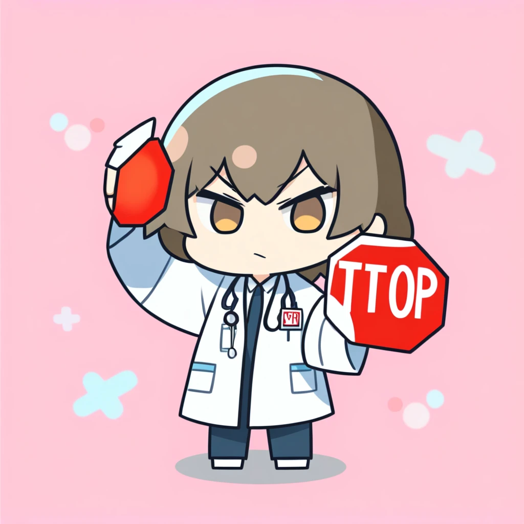 cute, chibi, doctor girl, holding a stop sign, serious