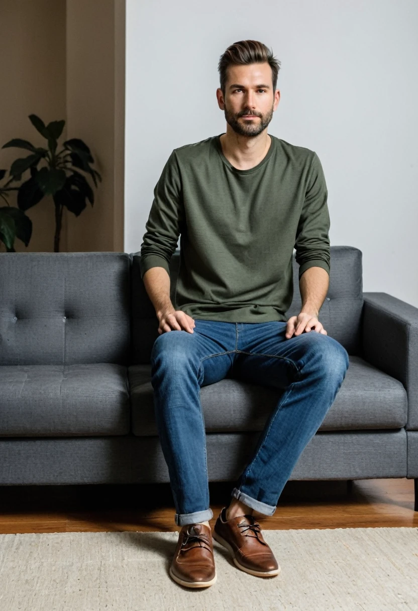 RAW photo, full body, 30-year-old man, casual, sitting on the guest sofa, looking towards the viewer, wearing shoes, straight forward position, in front of the point of view, 