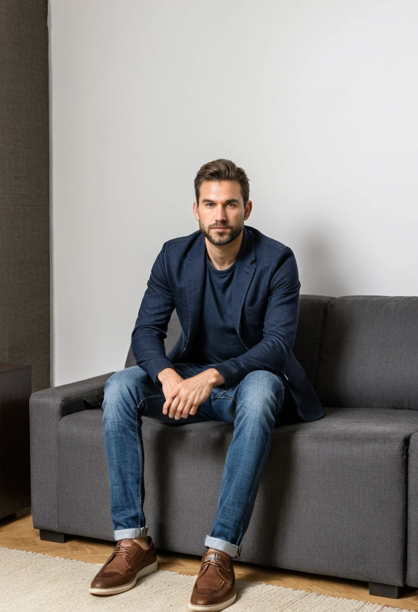 RAW photo, full body, 30-year-old man, casual, sitting on the guest sofa, looking towards the viewer, wearing shoes, straight forward position, in front of the point of view, 