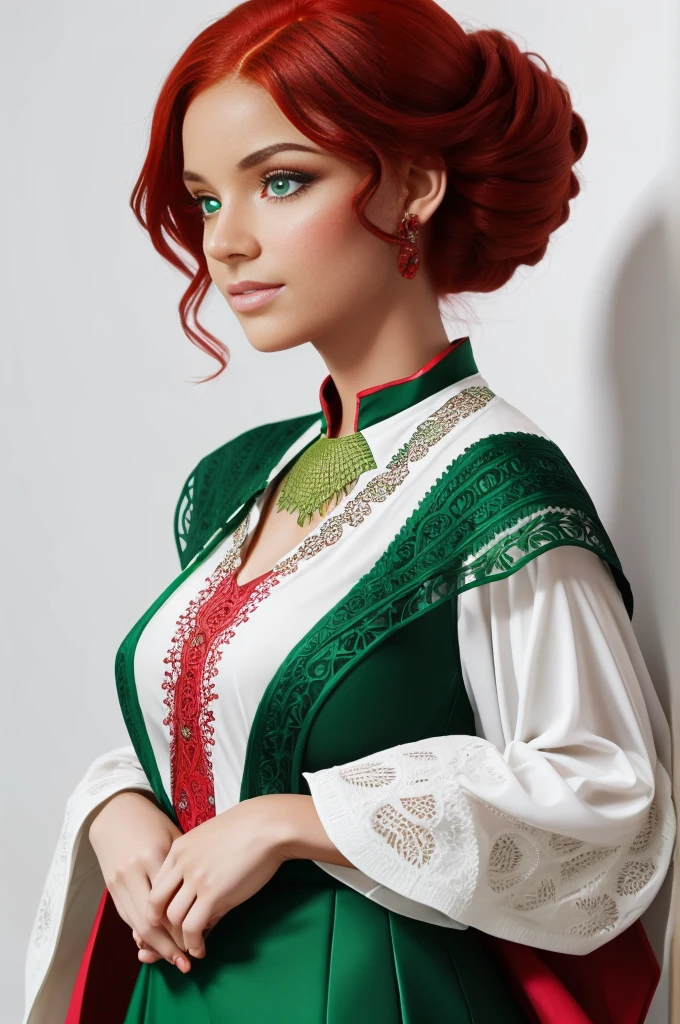 Black woman with red hair and bright green eyes, Wear elegant party clothes, Scattered outlines and white background, Intricate details, Modest, 