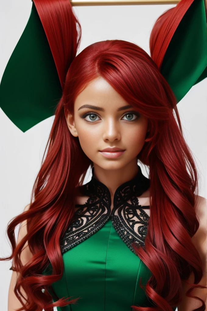 Black woman with red hair and bright green eyes, Wear elegant party clothes, Scattered outlines and white background, Intricate details, Modest, 