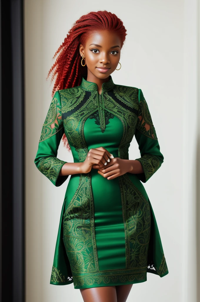 Black woman with red hair and bright green eyes, Wear elegant party clothes, Scattered outlines and white background, Intricate details, Modest, 