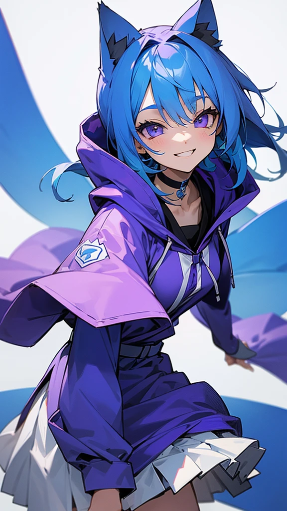 The image depicts an anime-style character with blue hair, a purple hooded outfit, a white cheer skirt, and a black choker. I have cat ears. The character has a smiling expression and is facing the viewer.