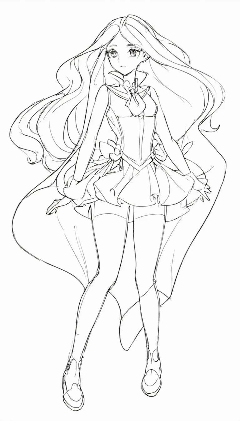 black and white, line art, no shading, full body, live2D character, coloring book style, sketch,ink drawing, outlines