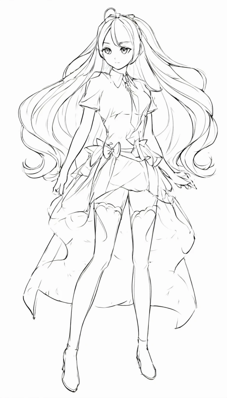 black and white, line art, no shading, full body, live2D character, coloring book style, sketch,ink drawing, outlines