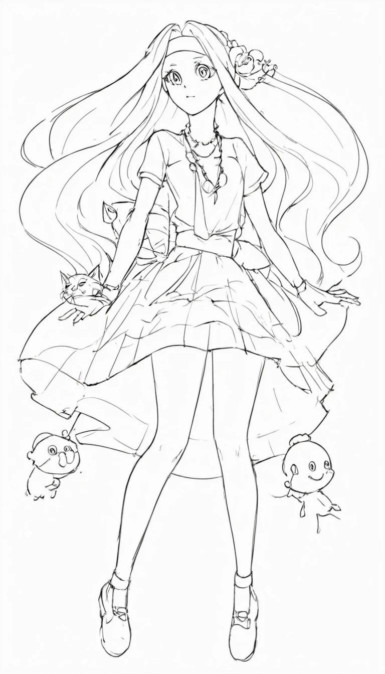 black and white, line art, no shading, full body, live2D character, coloring book style, sketch,ink drawing, outlines