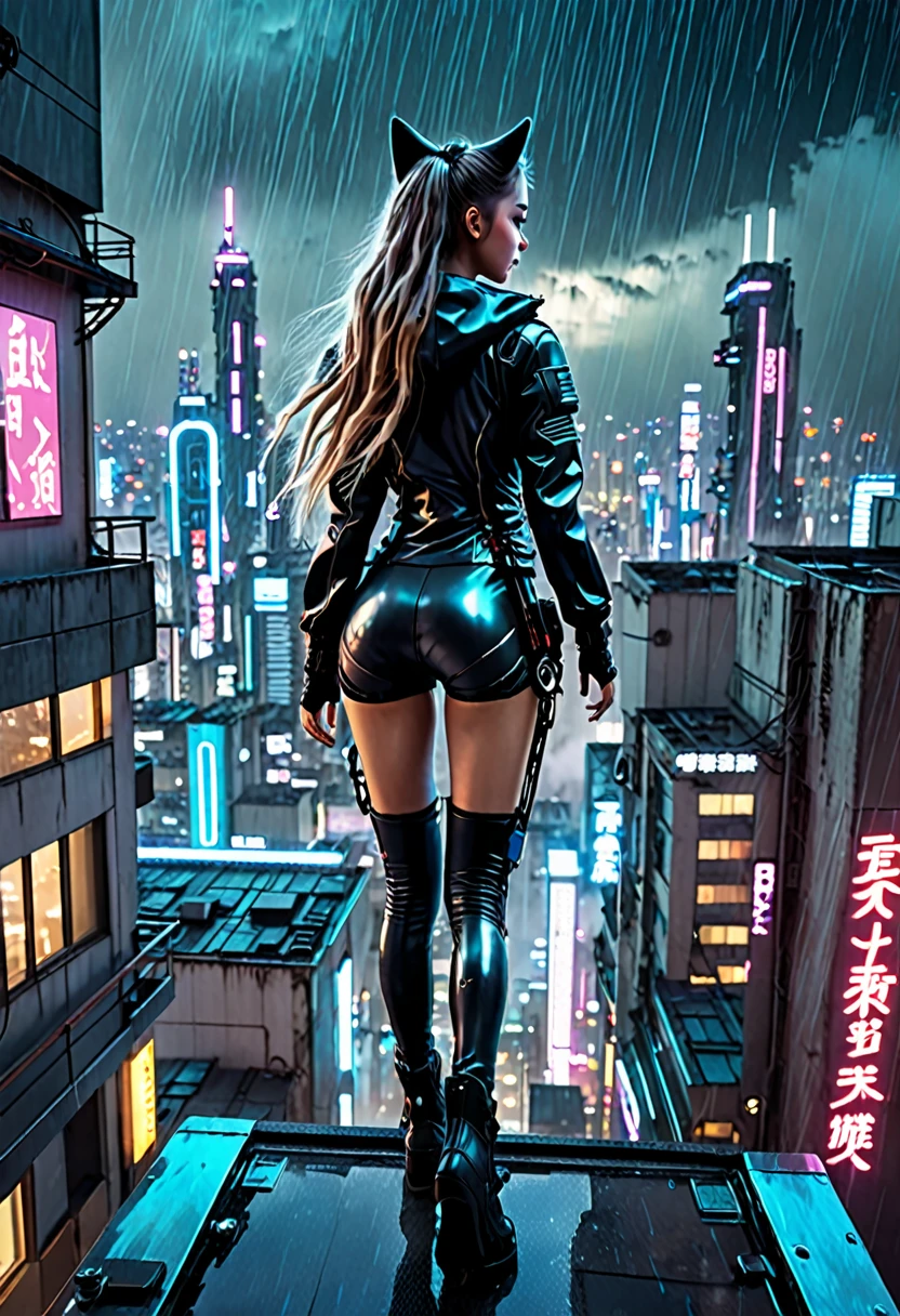 Cyberpunk city night。Rooftop。The weather is rainy。A small, beautiful girl with long hair dressed in a futuristic outfit is about to jump off a building and is looking in the direction of the camera.。
Steam-like vapor wafts from the buildings in the city.。
The beautiful girl is also carrying a futuristic cat.