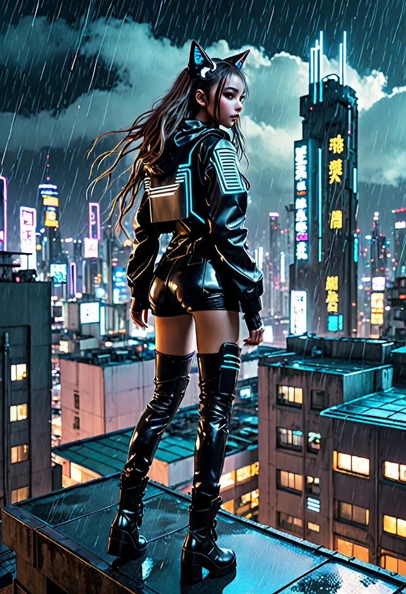 Cyberpunk city night。Rooftop。The weather is rainy。A , beautiful girl with long hair dressed in a futuristic outfit is about to jump off a building and is looking in the direction of the camera.。
Steam-like vapor wafts from the buildings in the city.。
The beautiful girl is also carrying a futuristic cat.
