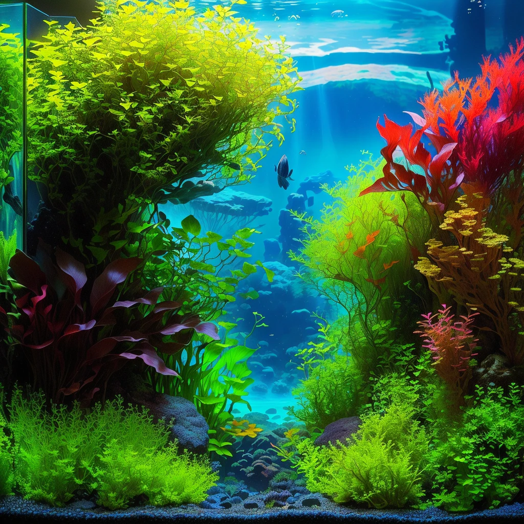 there is a Aquarium with plants and rocks in it, overgrown with aquatic plants, aquatic plants, colorful picturesque environment, aquatic plants, underwater plants, Iwagumi Waterscape, Aquarium life, Aquarium, beautiful environment, lush, deep vivid colors, underwater landscape, incredible depth, closeup cinematic water scene, Summer 2016, Aquarium