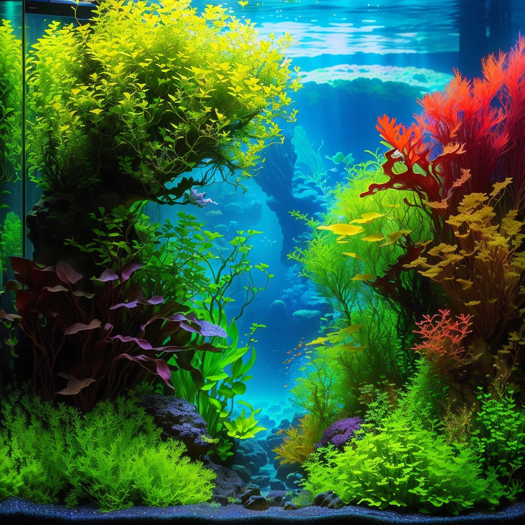 there is a Aquarium with plants and rocks in it, overgrown with aquatic plants, aquatic plants, colorful picturesque environment, aquatic plants, underwater plants, Iwagumi Waterscape, Aquarium life, Aquarium, beautiful environment, lush, deep vivid colors, underwater landscape, incredible depth, closeup cinematic water scene, Summer 2016, Aquarium