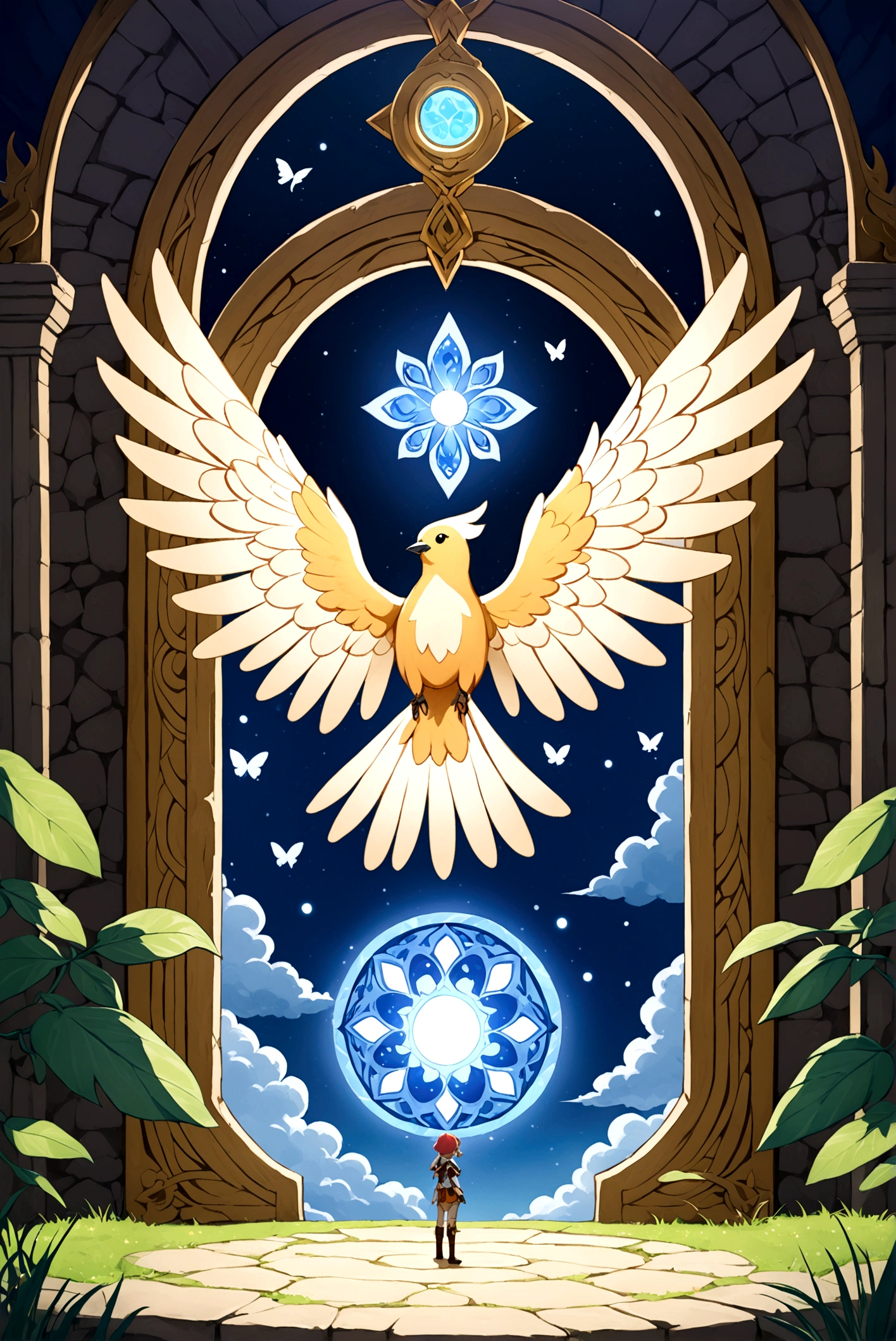 Make an anime-like image with the genshin impact style, where there is a magical portal where people with bird powers live, representing different species., with clothing in the colors of their species, with wings and with clothing similar to the style worn by Genshin Impact characters, I want the image to be like the cover of an anime where there are also butterflies next to the magic portal