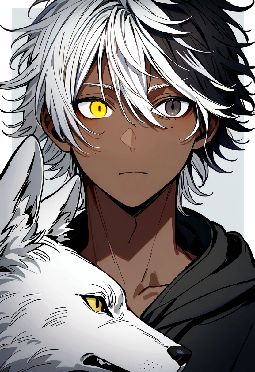 white shirt, wearing a black hoodie , yellow and black eyes heterochromia, expression of surprise, Messy hair , Medium length hair , 1 men , multicolored black and white hair , two tone hair , dark skin color , with a white wolf , the two staring at each other and just the wolf and the character no one else,