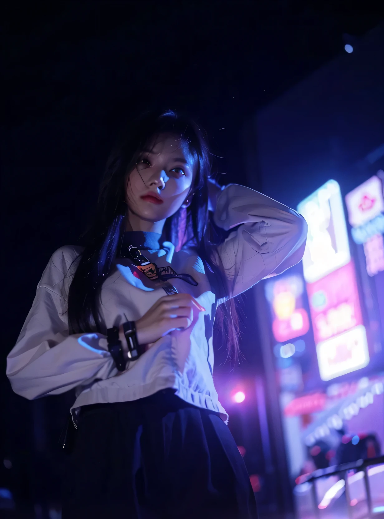 (masterpiece, Top quality, best quality, Official Art, beautiful and aesthetic:1.2), (1 Girl), Extremely detailed eyes, night,Neon,Long smooth hair,(Realistic light and shadow effects:1.5),(Real hands:1.5)