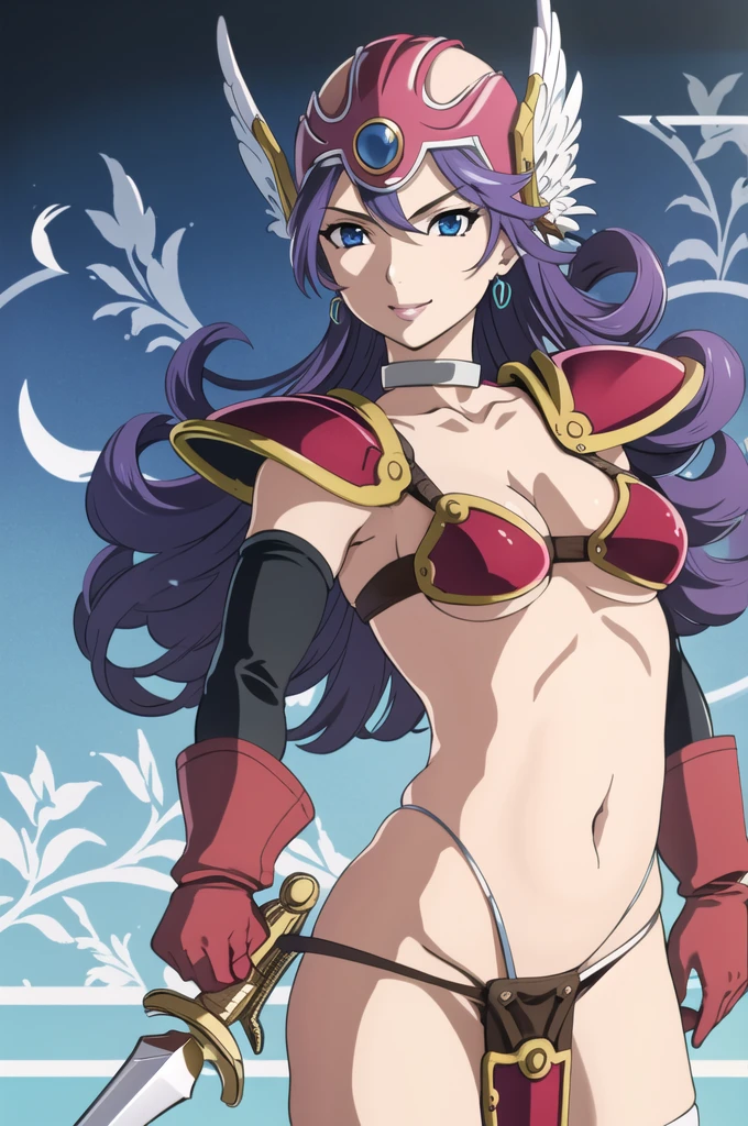 ((masterpiece, Highest quality,Edge Quality)), 
Edge DQ, Long Hair, chest, smile, blue eyes, large chest, gloves, belly button, chestの谷間, Purple Hair,  choker, elbow gloves, sword, bikini armor, Winged Helmet, red armor ,wearing Edge DQ_armor
 