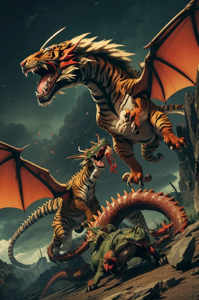 A 2d tiger with black, red and white colors, fighting a 2d hydra which is a giant flying dragon with 4 completely green heads. In a war scenario with cold colors.