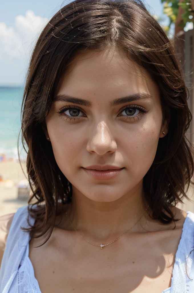One wife with perfect looks. She is dressed in summer. Close-up