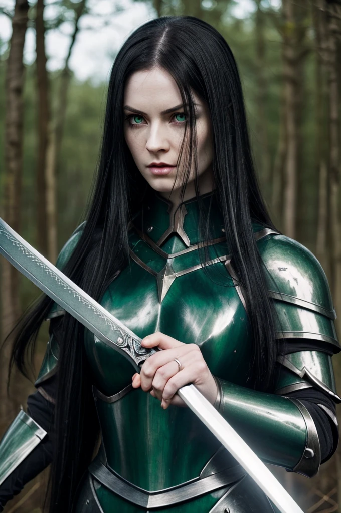 ((female, long black hair, green eyes, pale skin, elden ring aura, steel armor, intimidating look, elden ring type, sword in hand, detailed))