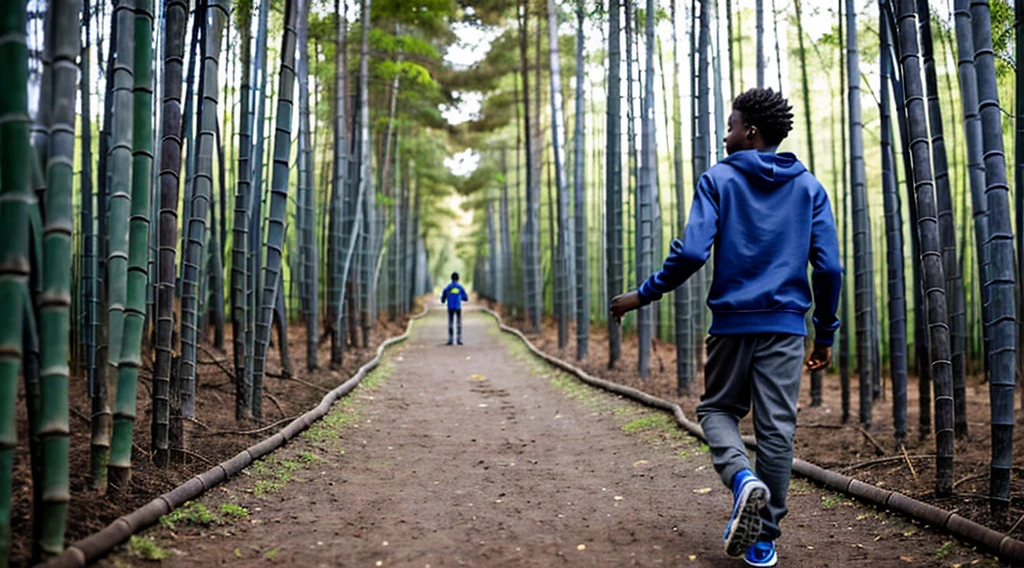 image of a black male teenager, 12 years old - wears a cotton knit sweatshirt - dark gray long sleeves - no print - short curly hair - wears long pants - barefoot - runs with his back to the camera alone inside the forest - a Blue morpho butterfly by his side - narrow path through the bamboo forest -