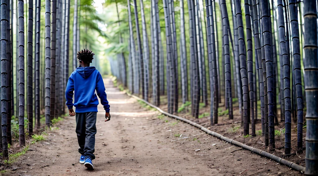 image of a black male teenager, 12 years old - wears a cotton knit sweatshirt - dark gray long sleeves - no print - short curly hair - wears long pants - barefoot - runs with his back to the camera alone inside the forest - a Blue morpho butterfly by his side - narrow path through the bamboo forest -
