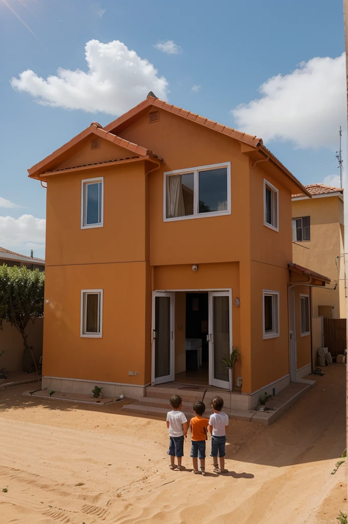 The result is a 3D design, namely an orange house, there was a mother and her 3 children, 1 boy and 2 girls. his father is dead, so just create a shadow of the father&#39;s shape