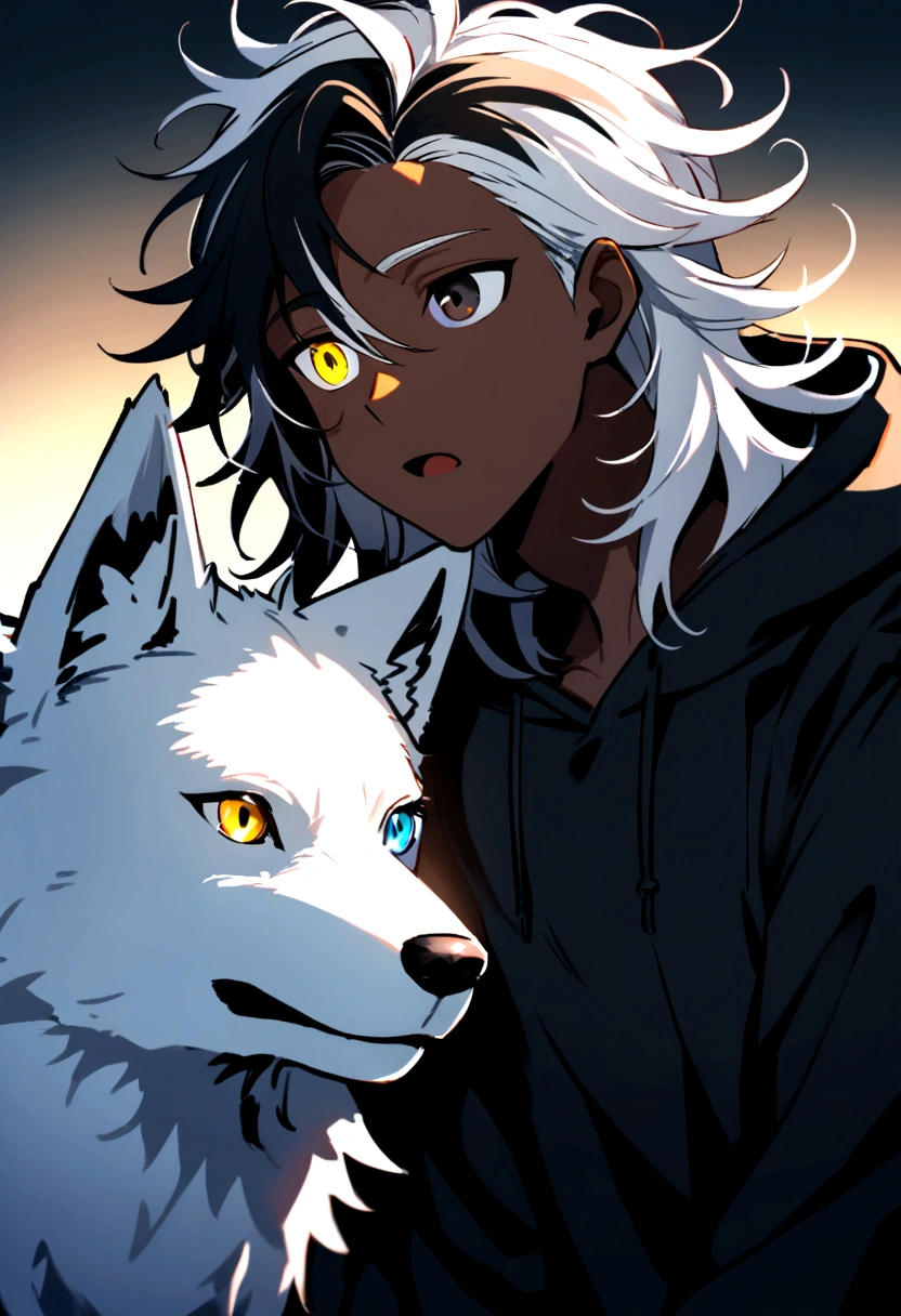 white shirt, wearing a black hoodie , yellow and black eyes heterochromia, expression of surprise, Messy hair , Medium length hair , 1 men , multicolored black and white hair , two tone hair , dark skin color , with a white wolf , the two looking at each other