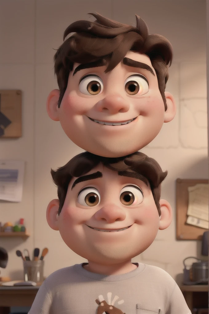 Create a Pixar post of just the face of a chubby 14-year-old boy with dark brown hair