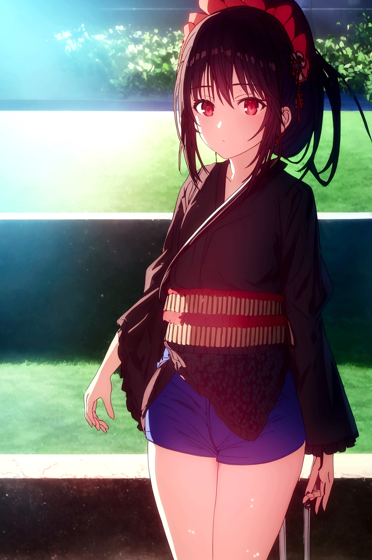 (​masterpiece、top-quality、hight resolution)、 Real life adaption for this character, Masterpiece, high quality, best lighting, 1girl, tokisaki kurumi, hair, ponytail, (kimono), cowboy shot, ((mini short pants)), (perfect body), (((big thigh))), looking at viewer, standing, pool