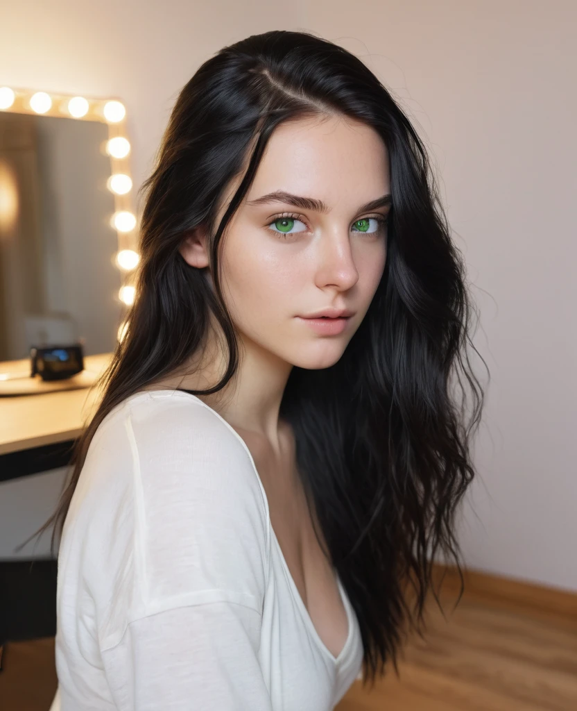 skinny white girl, black hair , slickedback hair, tipis, white with green eyes, istp style, foto realisitic8k, best qualityer, tabletop, realisitic, The ultra-detailed, fotografia realisitic, camera coming from below, iluminacao escura Um hiper-realisitic, softer lighting, increase the quality of cinematic lighting, photorealistic lighting, Back lighting, yellow light, Increase quality, Top Quality Real Textured Skins, Waist slender, wide hip, upturned butt, bountiful breasts, soft skin, dainty, ot , , simple apartment, mic, analog camera effect, low quality video, webcam efeito slickedback hair, , Calvin Klein, curling iron, gamer style, extremely straight hair, full body photo, home video, webcam