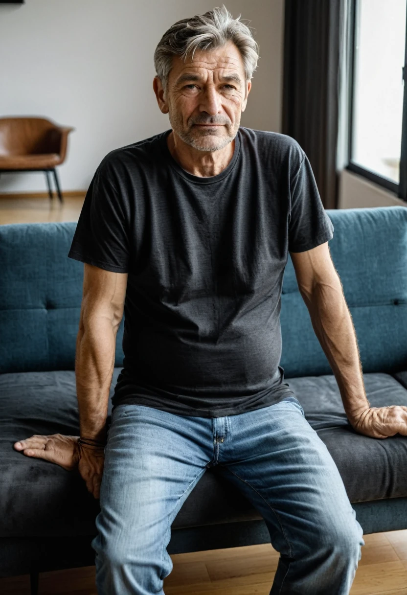 RAW photo, full body, 55-year-old man, wrinkles, casual t-shirt, sitting on the guest sofa, looking at the viewer, wearing black shoes, straight forward position, in front of the viewpoint,