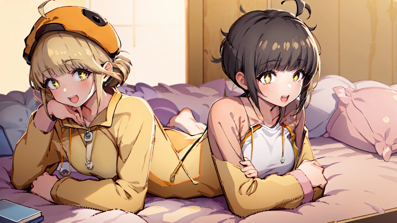 (masterpiece), short hair, brown hair, golden eyes, smile, pajamas, ahoge, open mouth, barefoot, pillow, black hair, on stomach, short hair, bed, lying, book, onesie