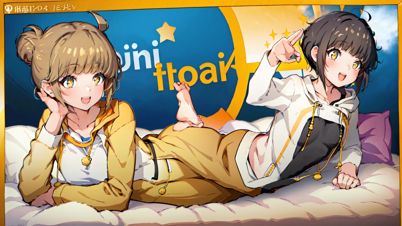 (masterpiece), short hair, brown hair, golden eyes, smile, pajamas, ahoge, open mouth, barefoot, pillow, black hair, on stomach, short hair, bed, lying, book, onesie