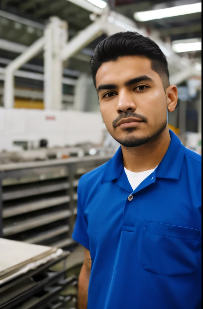 25 year old Mexican man without beard, working in the factory, factory work attire