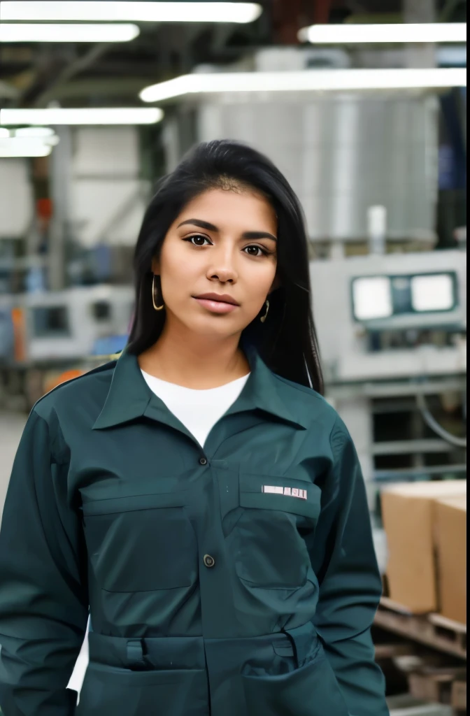 25 year old Mexican woman, working in the factory, factory work attire