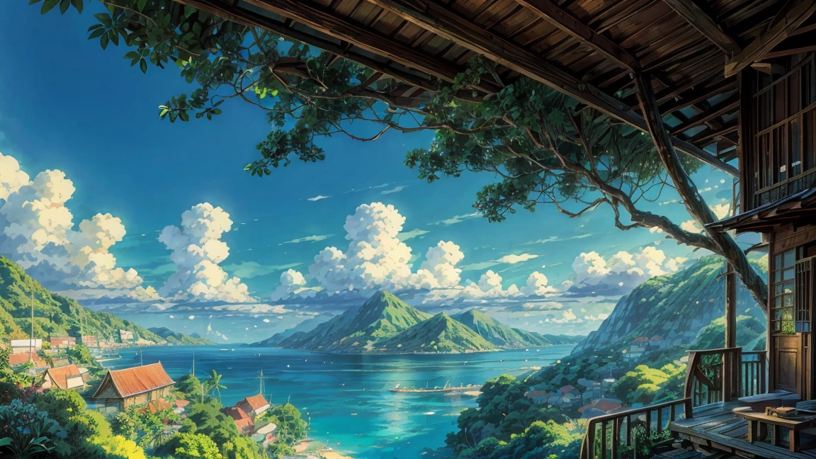 very detail anime drawing, studio ghibli style, very small tropical village harbor, very few houses only, a distance sailing boat, breeze winds, beautiful puffy clouds, peaceful summer, incredibly beautiful anime landscape, calm morning, distance forest hills, distance sea cliff, coconut trees, beautiful anime landscape, anime movie background, high quality desktop wallpaper, landscape wallpaper