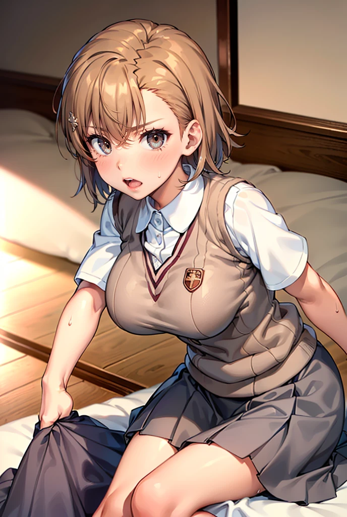 Smooth anime CG art、Focus Only、1 Girl、Front view、Upper Body、(((Grey Skirt)))、Sweater vest、Short sleeve、(((Large Breasts)))、(((Sweat)))、Semi-short hair、(((Sweatをかいた)))、Watery eye、blush、(((Embarrassed look)))、((Open your mouth))、(((Lying in bed)))、((indoor))、((sofa))、Black garter belt