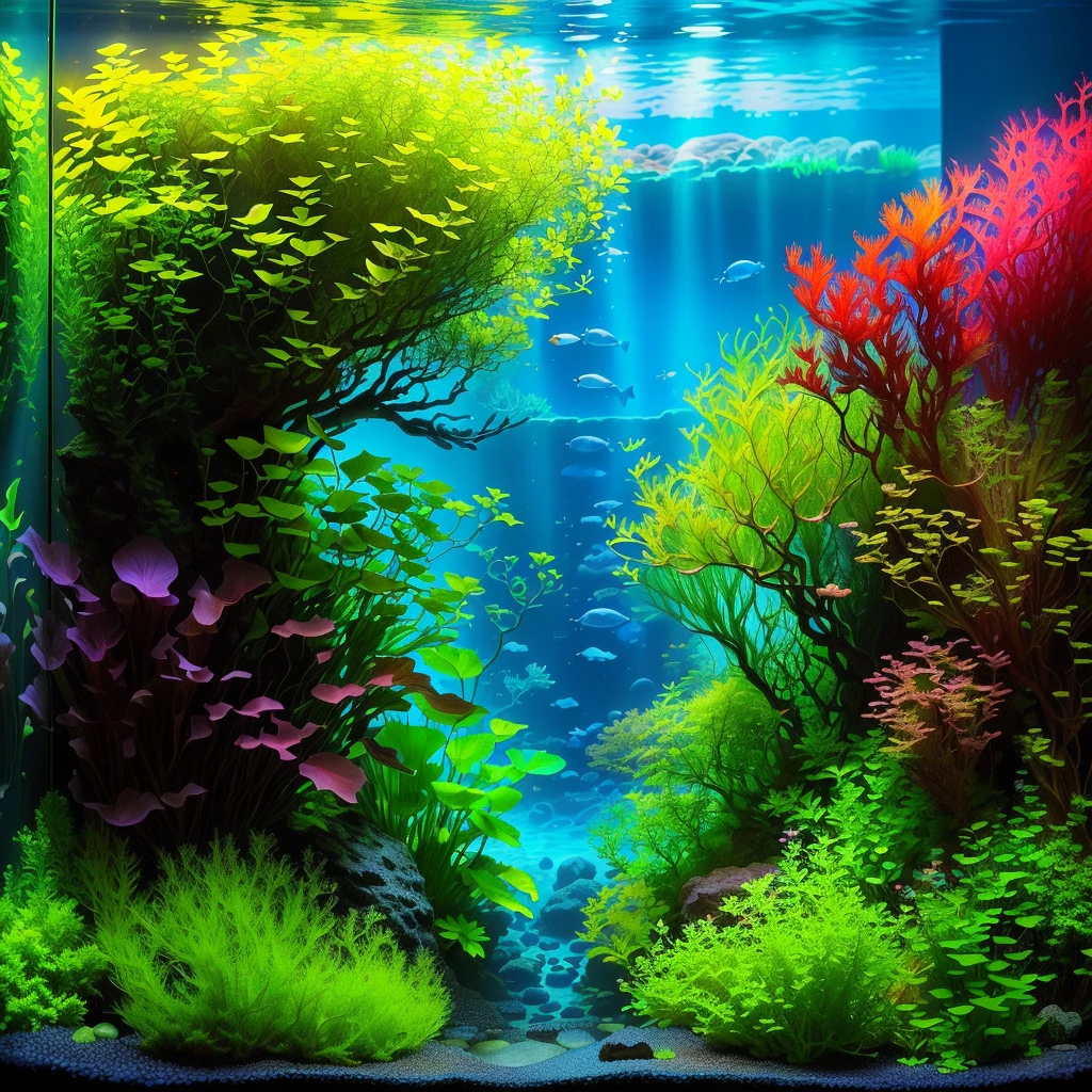there is a Aquarium with plants and rocks in it, overgrown with aquatic plants, aquatic plants, colorful picturesque environment, aquatic plants, underwater plants, Iwagumi Waterscape, Aquarium life, Aquarium, beautiful environment, lush, deep vivid colors, underwater landscape, incredible depth, closeup cinematic water scene, Summer 2016, Aquarium