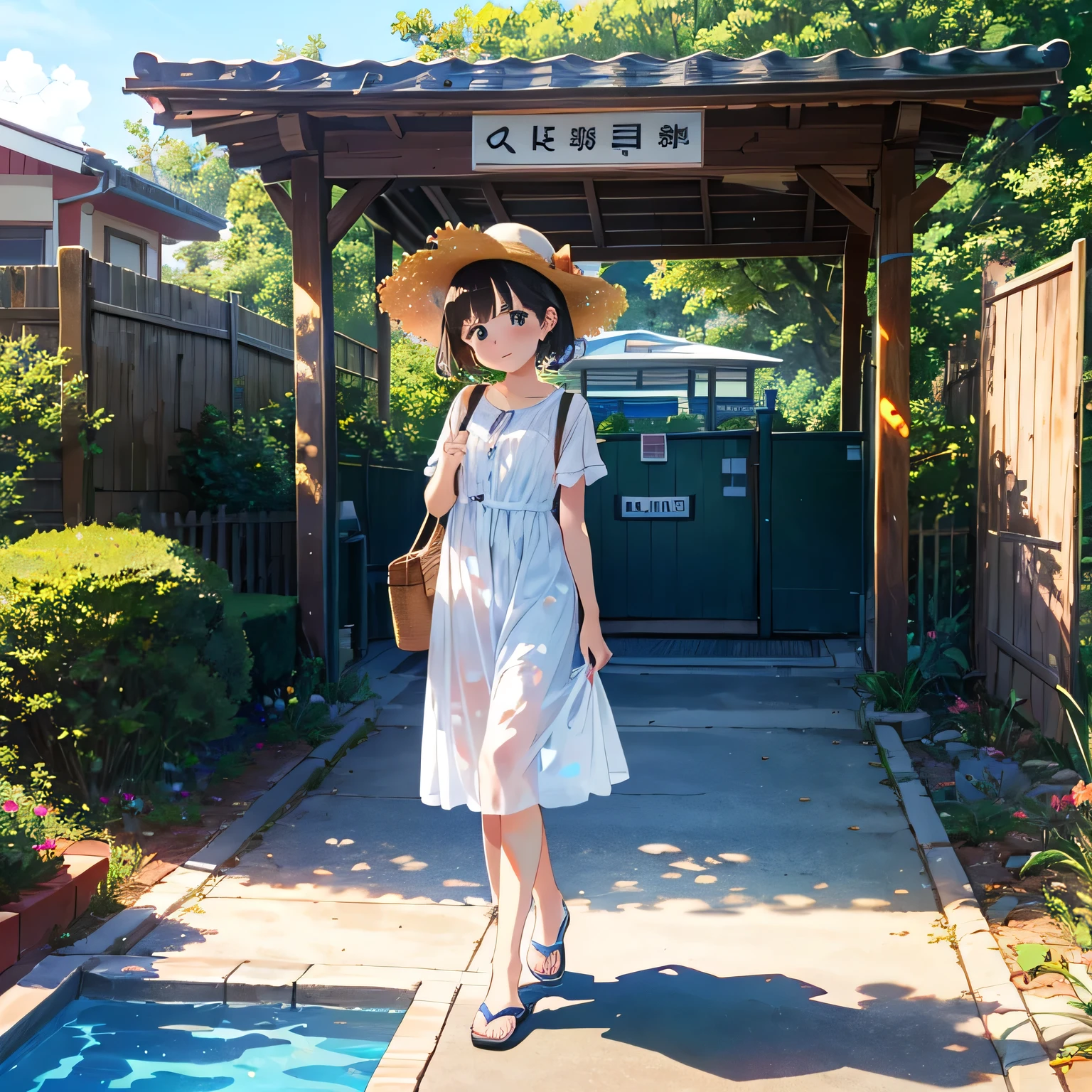 {{{Top quality}}}, {{Very detailed}}, {Illustrations}, {{Very delicate and beautiful}}, ((station ticket gate)))), white dress, straw hat, Sandals, pool set in a plastic bag, girl (5 years old, barefoot), small breasts, round face, girl, (toddler: 1.25), (baby face: 1.2), short limbs, smile, small breasts, girl, gather at the pool entrance , a family walking happily nearby, holding hands and standing in cute poses in front of each other,