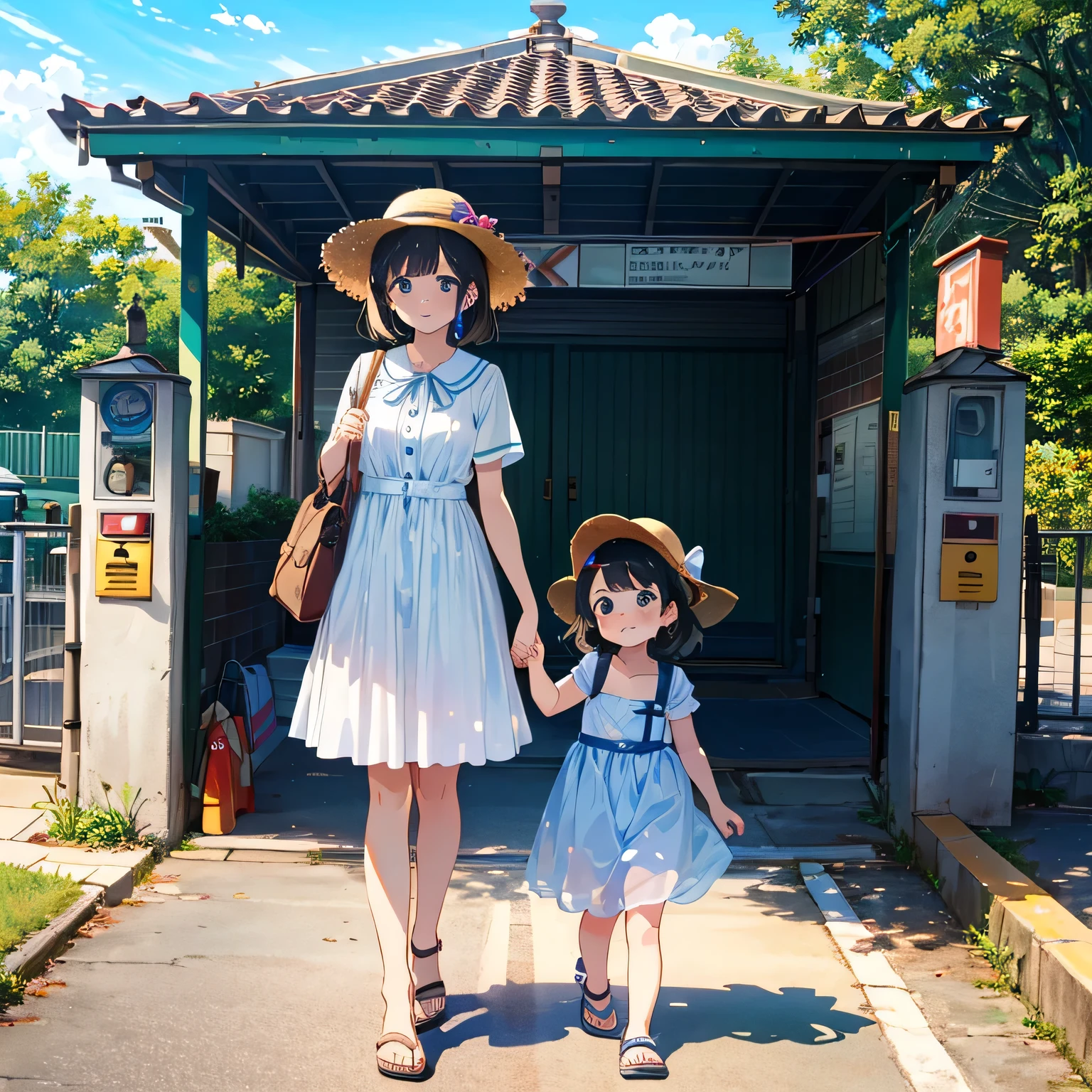 {{{Top quality}}}, {{Very detailed}}, {Illustrations}, {{Very delicate and beautiful}}, ((station ticket gate)))), white dress, straw hat, Sandals, pool set in a plastic bag, girl (5 , barefoot), small breasts, round face, girl, (toddler: 25), (baby face: rt limbs, smile, small breasts, girl, gather at the pool entrance , a family walking happily nearby, holding hands and standing in cute poses in front of each other,
