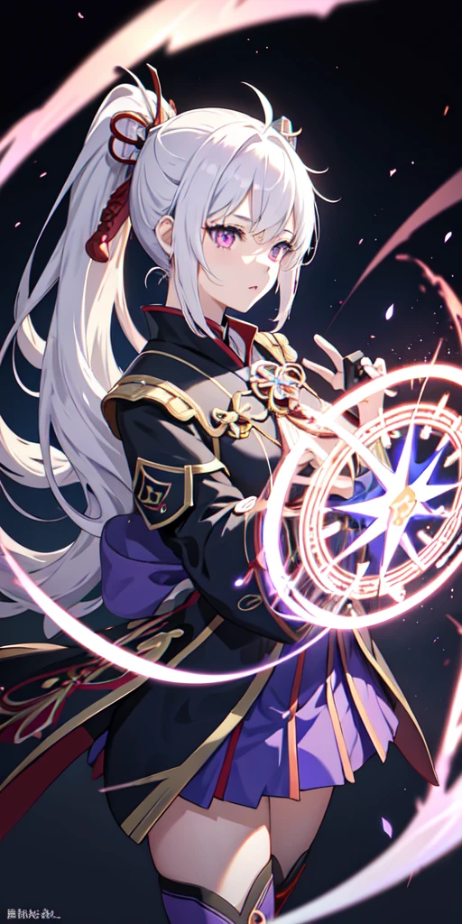 1girl, japanese clothes, ponytail ,white hair, purple eyes, magic circle, blue fire, blue flames, wallpaper, landscape, blood, blood splatter, depth of field, night, light particles, light rays, sidelighting, thighs, fate \(series\), genshin impact, ****, open jacket, skirt, thighhighs, cloud