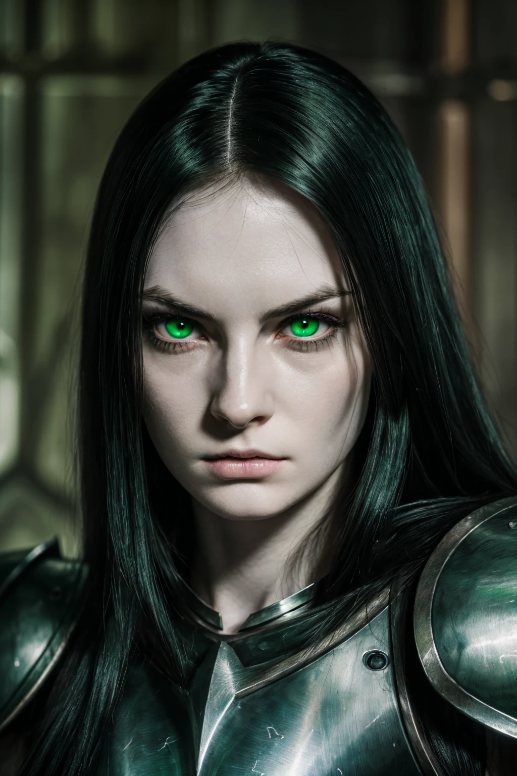 ((female, long black hair, green eyes, pale skin, elden ring aura, steel armor, intimidating look, elden ring type, sword in hand, detailed))