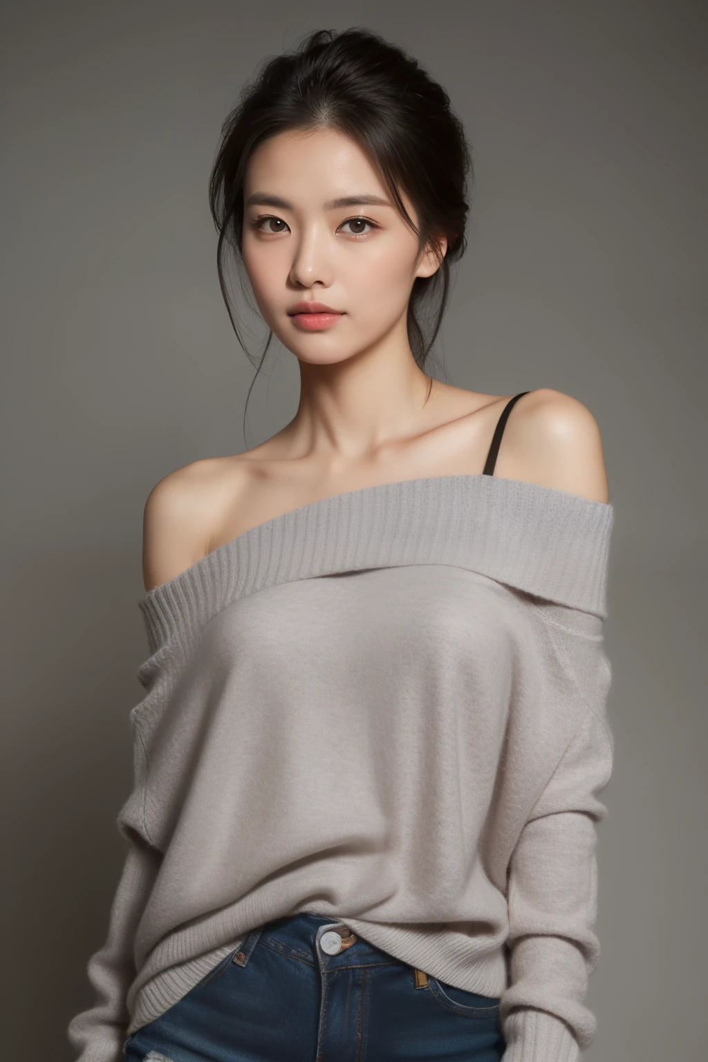 asian lady, She is wearing a soft pink sweater relaxed neckline that casually ((drapes off one shoulder)), exposing slender shoulders with black bra trap, highlighted by the rays of light creating a radiant effect on her skin. , mid-shot , light rays, warm atmosphere , light through hair, ((mid-shot, full body, slender waist)), Hair Up Do、 Glowing eyes, nose blush, Carl Larsson, Alfonse Mucha, Chiaroscuro, Film Glenn, reflective light, (((long-Shot))), knee to top,longshot show (((full body))), masterpiece, high details, ((gray background, studio light ))