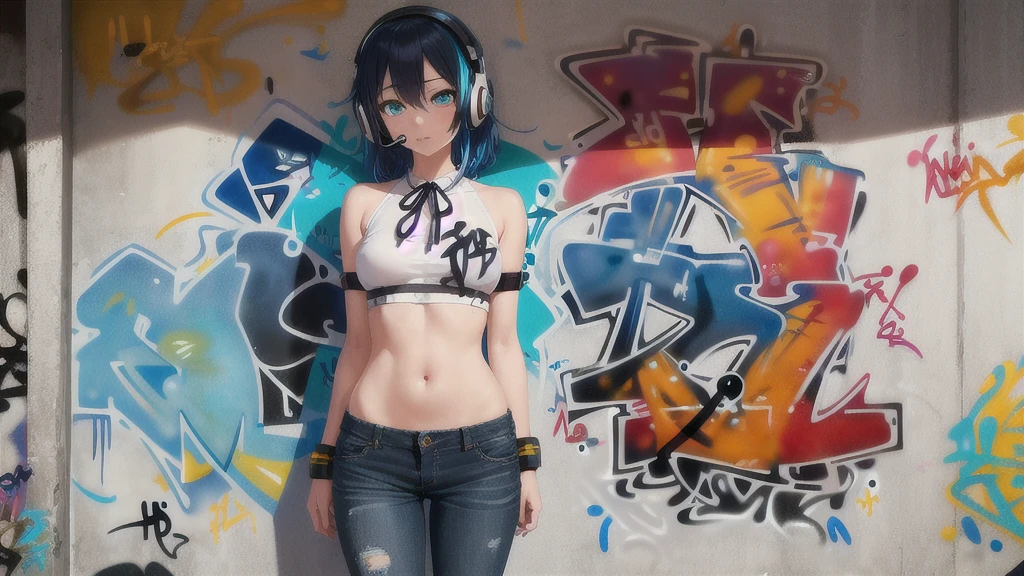 masterpiece, best quality, 1 sexy worman, 25 y.or., cup 3b, alone, Kurzes Torp, Jeans-Shorrts, neck ribbon, (Graffiti:1.5), paint splatters, Arms behind the back, against the wall, Viewers look at, 手链, thigh strap, Color on the body, Korpfneigung, bored, multi-colored hair, aqua eyes, Headset, masterpiece, high quality