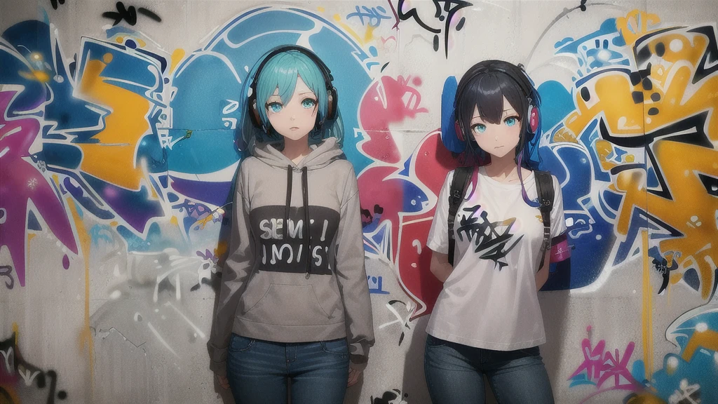 ​masterpiece, best quality, 1 sexy worman, 25 y.or., cup 3b, alone, Kurzes Torp, Jeans-Shorrts, neck ribbon, (Graffiti:1.5), paint splatters, Arms behind the back, against the wall, Viewers look at, 手链, thigh strap, Color on the body, Korpfneigung, bored, multi-colored hair, aqua eyes, Headset, masterpiece, high quality