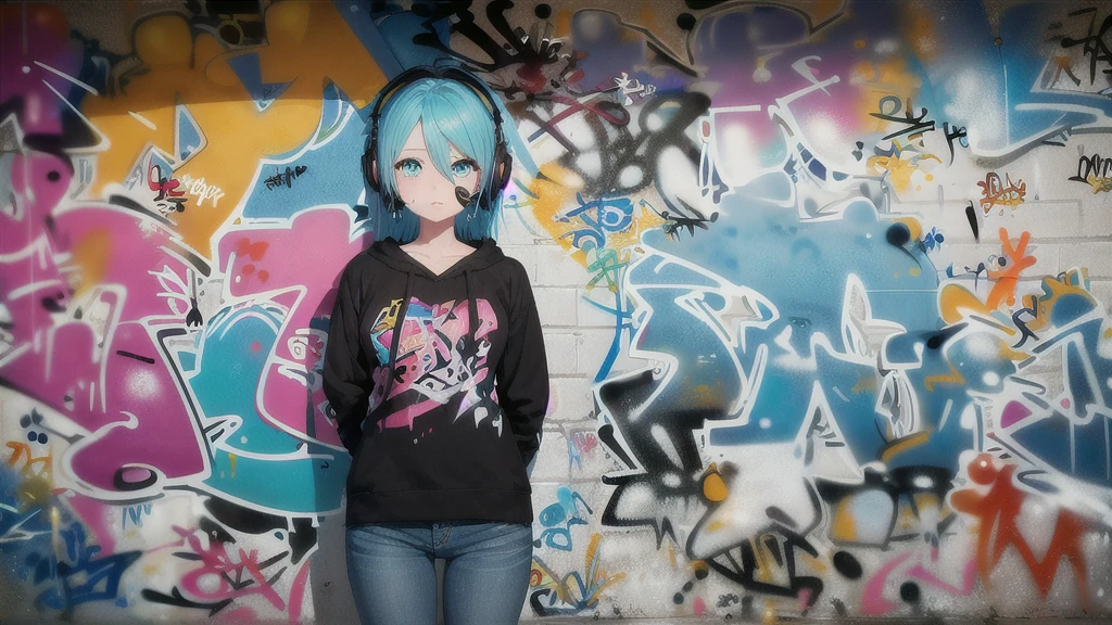 masterpiece, best quality, 1 sexy worman, 25 y.or., cup 3b, alone, Kurzes Torp, Jeans-Shorrts, neck ribbon, (Graffiti:1.5), paint splatters, Arms behind the back, against the wall, Viewers look at, 手链, thigh strap, Color on the body, Korpfneigung, bored, multi-colored hair, aqua eyes, Headset, masterpiece, high quality
