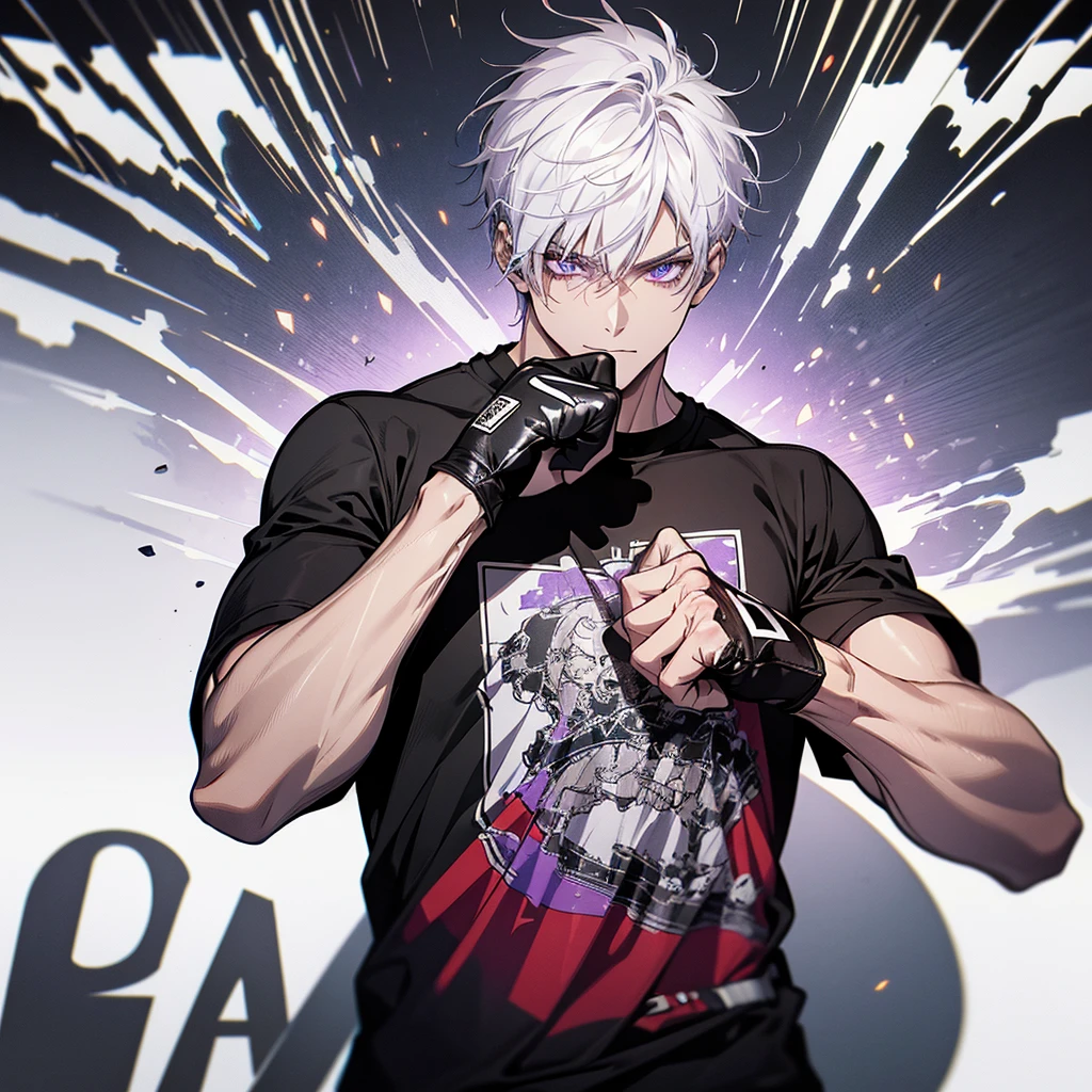 (best quality, High resolution), Super detailed, pure white hair, messy, violet eyes, magic, bright colors, Wear all black, t-shirt，Boxing gloves，man，Strong，boxing gloves，round shiny boxing gloves