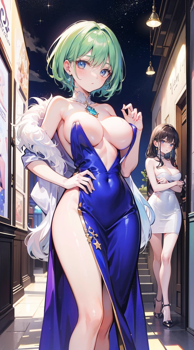 beautiful woman,smile,(light green short hair),nobility,(princess),blue student,Tall figure,((Strapless dress)),low skirt,(Star evening dress),ta skirt,Show your legs,Crystal heels,red carpet,prom website,(nobility),(titsใหญ่),((fluffy fur)),(2 young women ,beautiful woman),(20 year old girl),big breasts,Big tits,tits,rift, visible chest, Show your breasts, open chest,((bare breast:1.37)), ฉันเห็นtitsโป่งพ,(large areolae:1.4,pink,titsมองเห็นได้ชัดเจน..), (แยกชุดโชว์tits:1.4), (semi-naked:1.8)