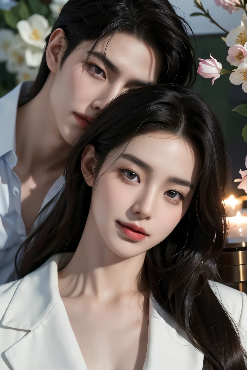 Modern. Korean style. Elegant couple, handsome boy and beautiful girl. Dark hair color. Very deatiled face. pretty eyes (perfect eyes). 8K resolution. Masterpiece. Romantic, love, glowing light. Look at the viewer. Petals. Smile