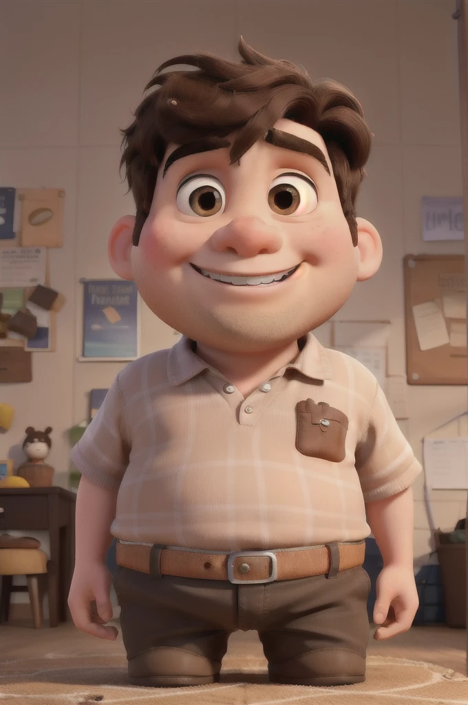 Create a Pixar post of just the face of a chubby 14-year-old boy with dark brown hair 